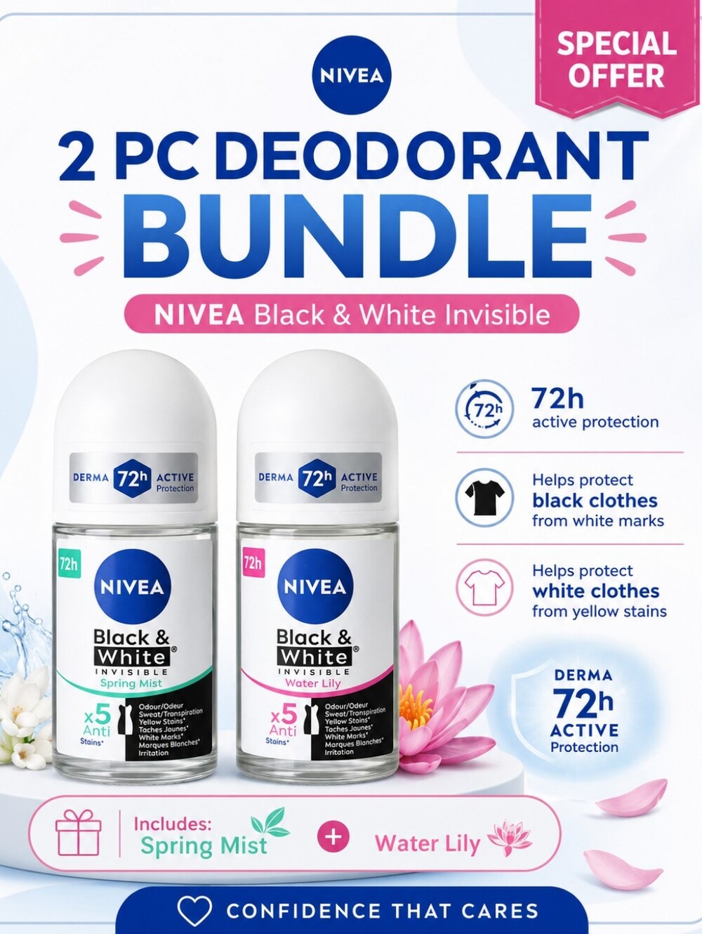 💙 2 Pc Bundle NIVEA Black & White Roll-On Deodorant - Spring Mist & Water Lily